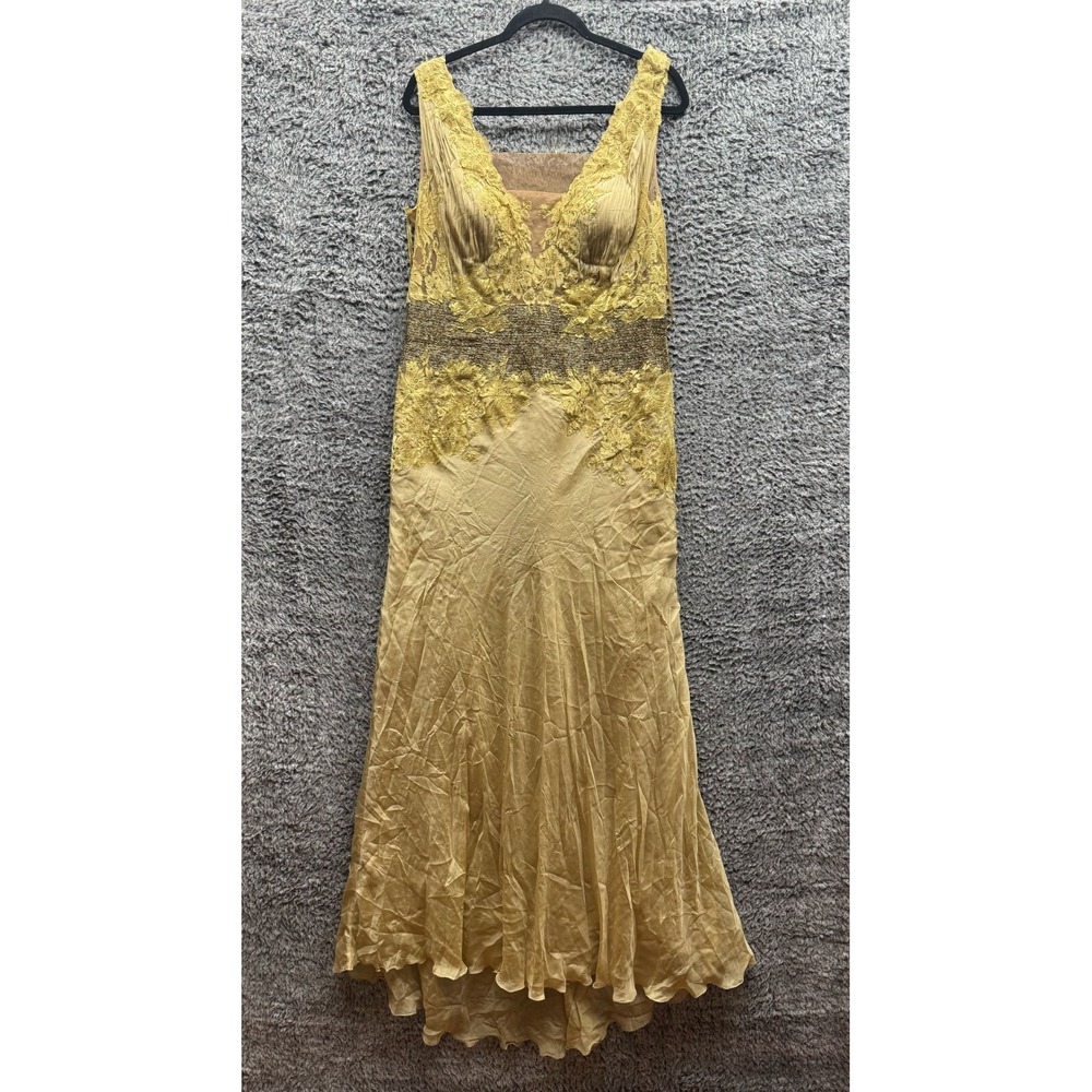 Alberto Makali Silk & Sequin Sleeveless Long Evening Gown Gold Womens Size 14